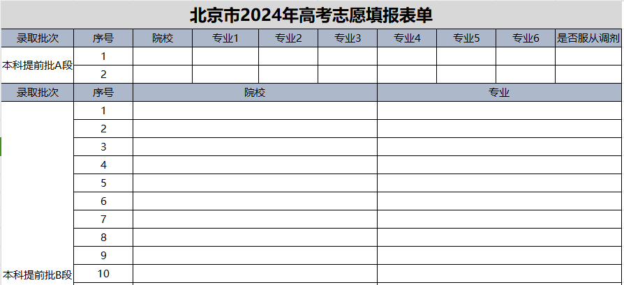 【北京】2024年高考志愿填报表样表（仅供参考）