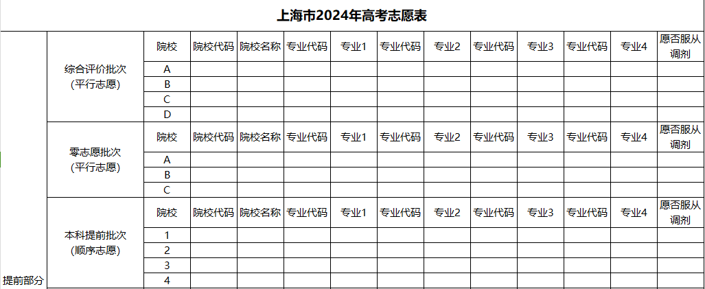 【上海】2024年高考志愿填报表样表（仅供参考）