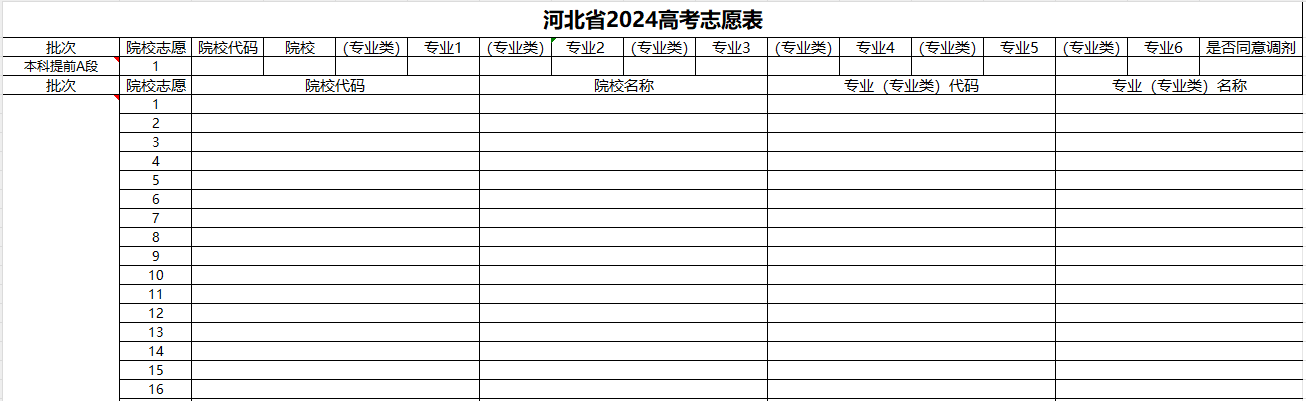 【河北】2024年高考志愿填报表样表（仅供参考）