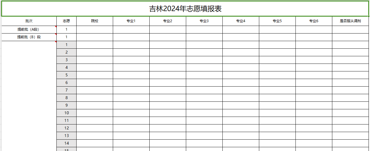 【吉林】2024年高考志愿填报表样表(仅供参考)