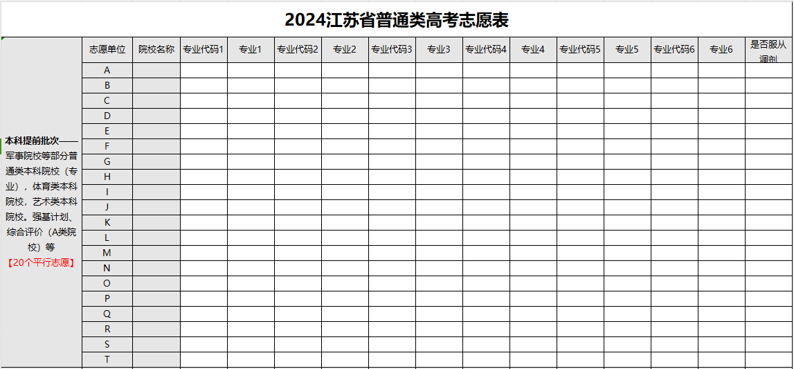 【江苏】2024年高考志愿填报表样表（仅供参考）