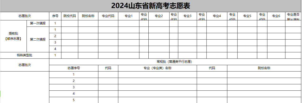【山东】2024年高考志愿填报表样表(仅供参考)