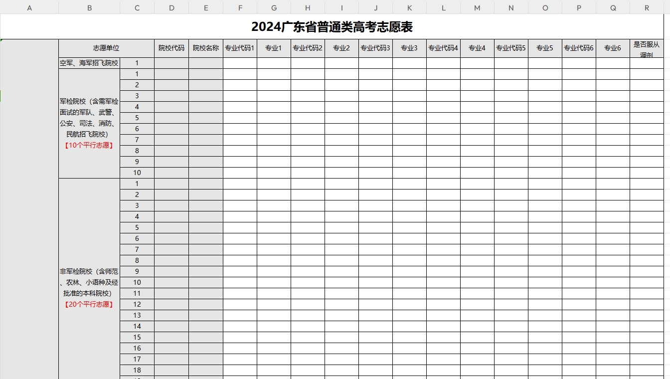 【广东】2024年高考志愿填报表样表（仅供参考）