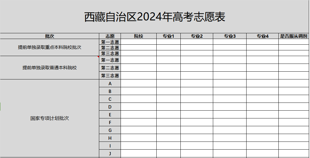 【西藏】2024年高考志愿填报表样表（仅供参考）