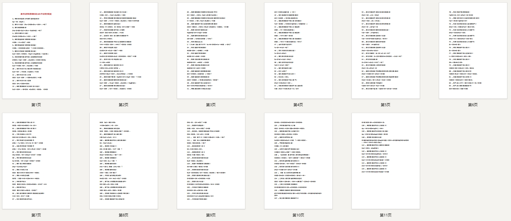 高中化学常用常考的145个化学方程式