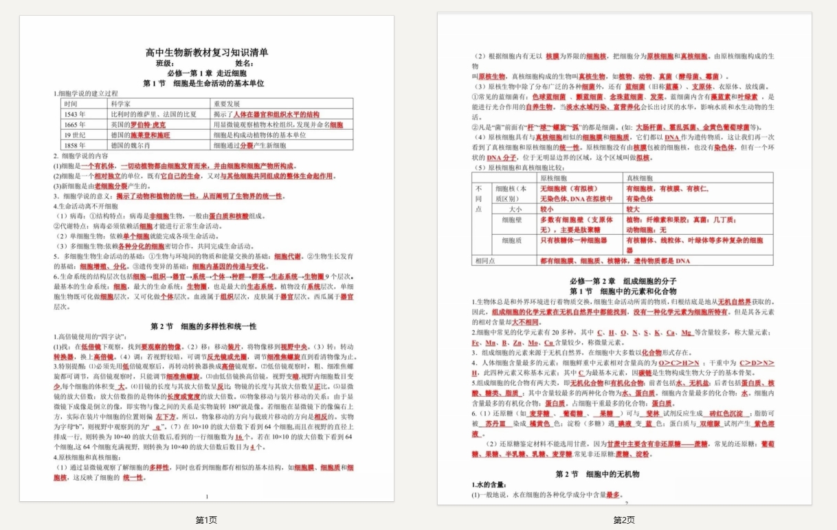 高中生物新教材一轮复习知识清单