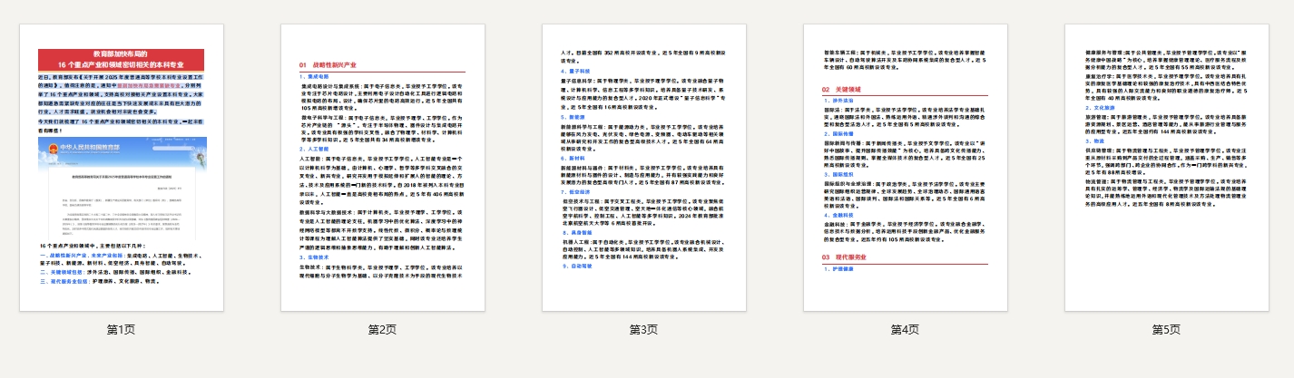 教育部加快布局的16个重点产业和领域密切相关的本科专业